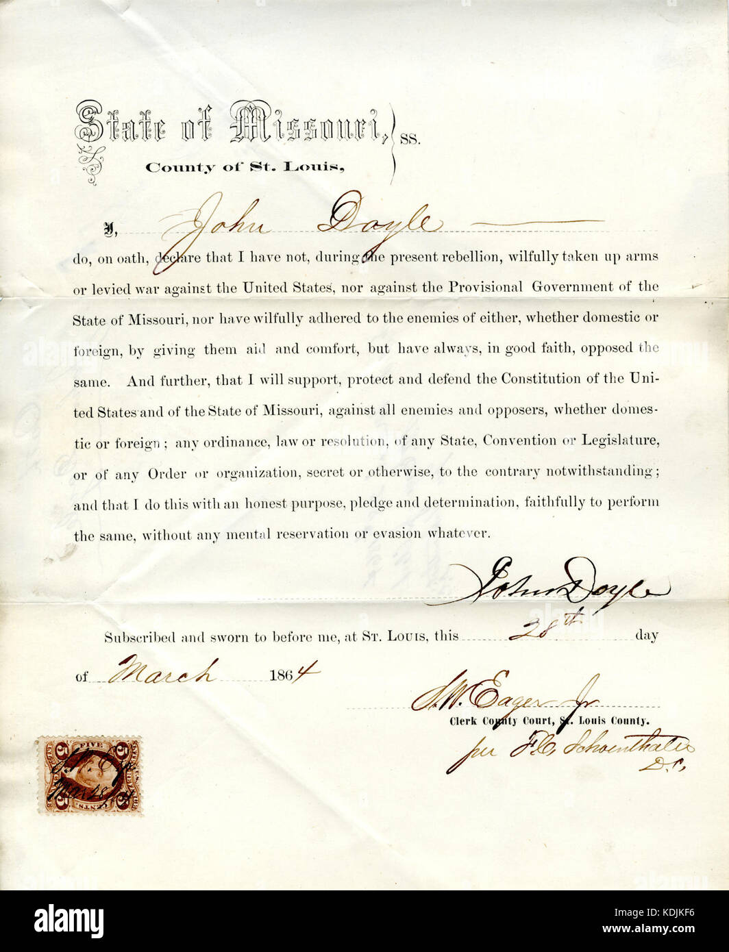 Giuramento di fedeltà di John Doyle del Missouri, nella contea di San Luigi Foto Stock