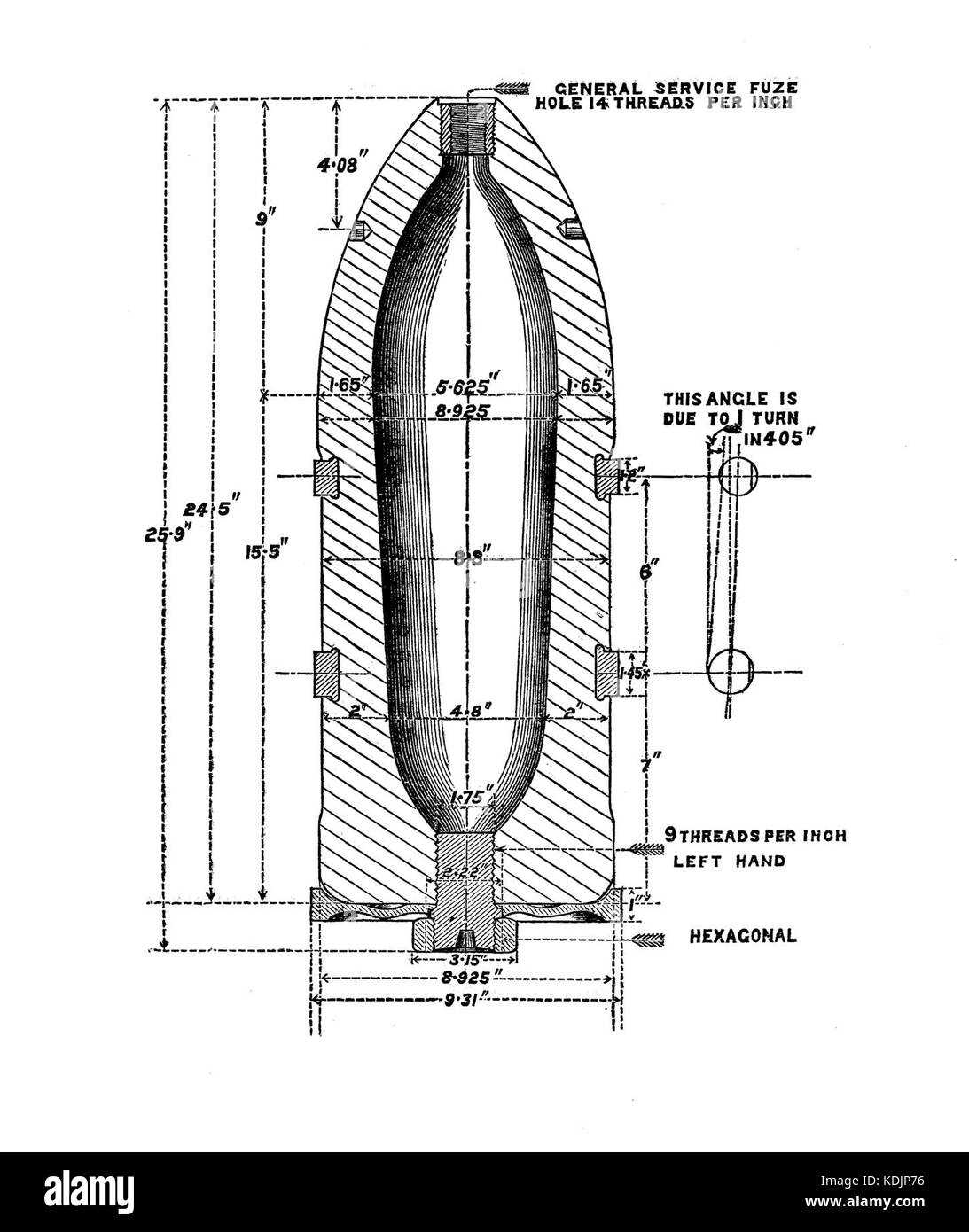 Il guscio comune borchiato RML da 9 pollici con controllo del gas Mk II era un tipo di ordigno militare utilizzato nell'artiglieria. Il suo design riflette le innovazioni nelle armi durante l'inizio del XX secolo. Foto Stock