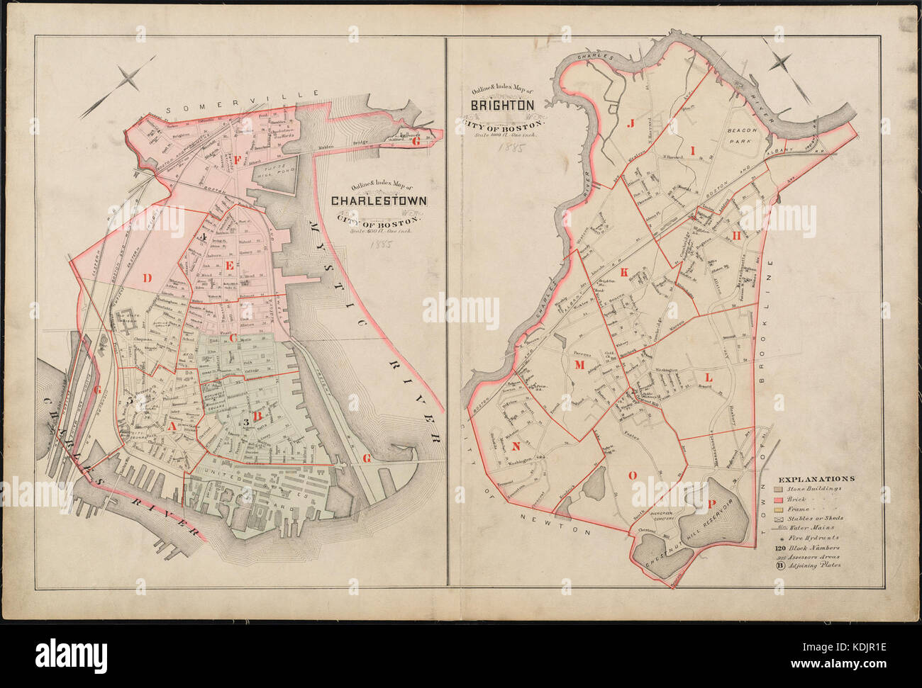 Profilo di indice e mappa di Charlestown, città di Boston; Outline e mappa indice di Brighton, città di Boston (19860585935) Foto Stock