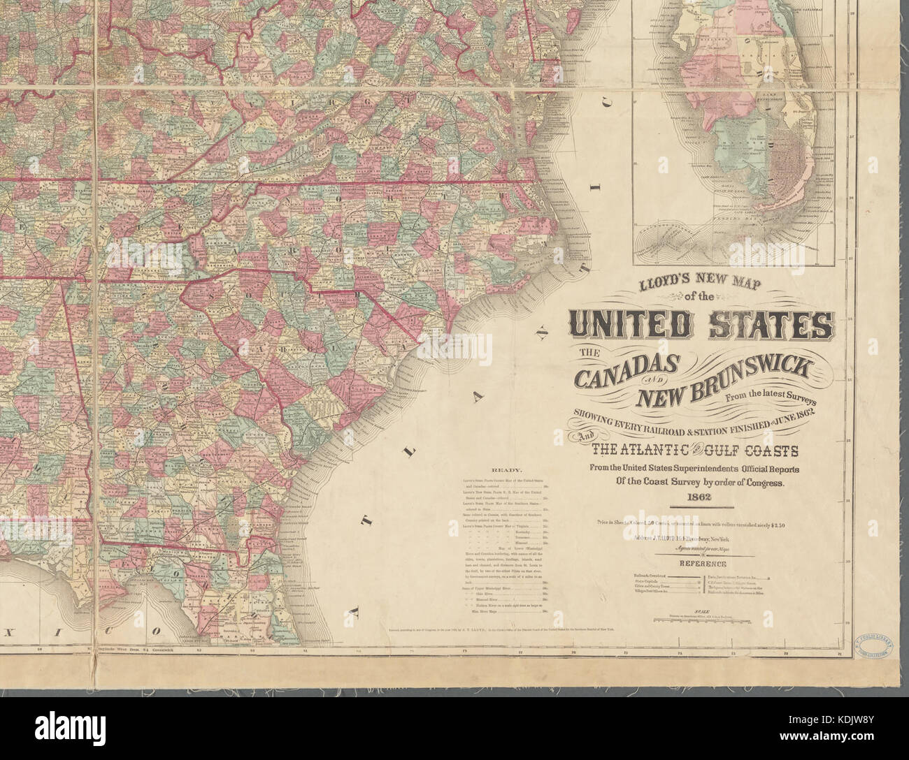 Mappa di Lloyd degli Stati Uniti, del Canada e del nuovo Brunswick, che offre una panoramica geografica dettagliata. Questa mappa fornisce informazioni sui confini territoriali durante la sua creazione. Foto Stock