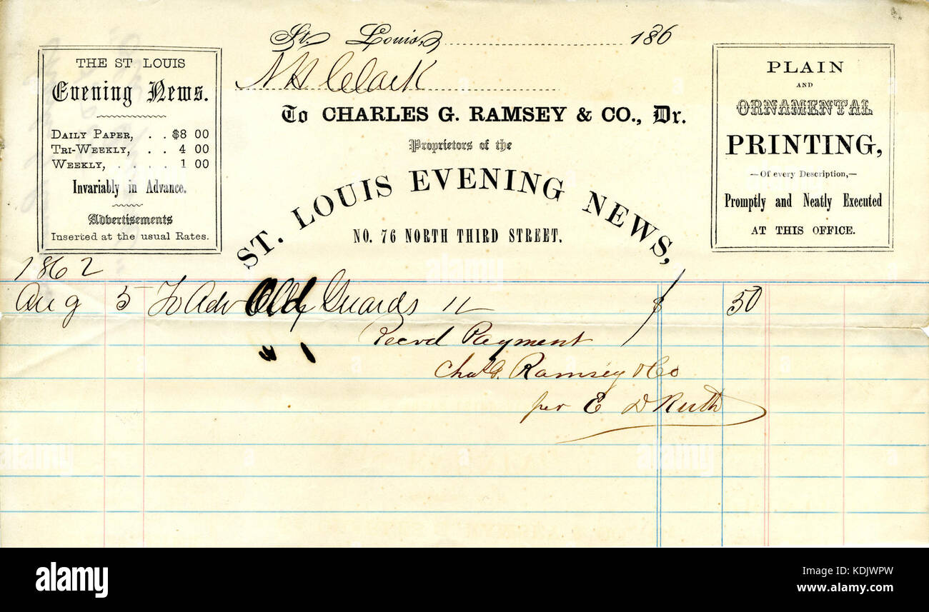 Ricevuta di pagamento di $0,50 ricevuto da Charles G. Ramsey dal N.H. Clark per la pubblicità della vecchia guardia (St. Louis, Missouri), 5 Agosto 1862 Foto Stock
