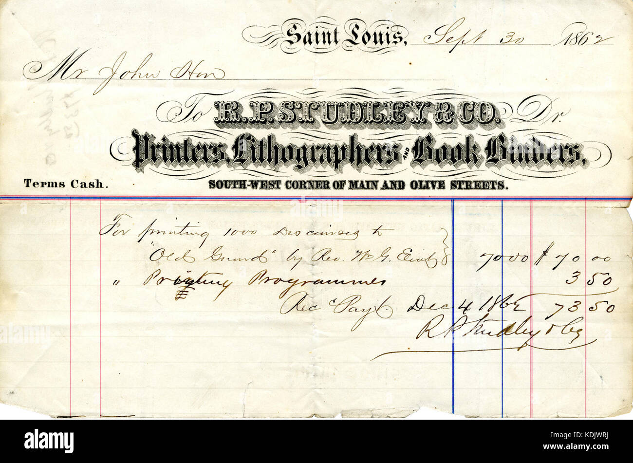 Ricevuta di pagamento di $73.50 ricevuto da R.P. Studley dal sig. Giovanni Aton, 30 Settembre 1862 Foto Stock