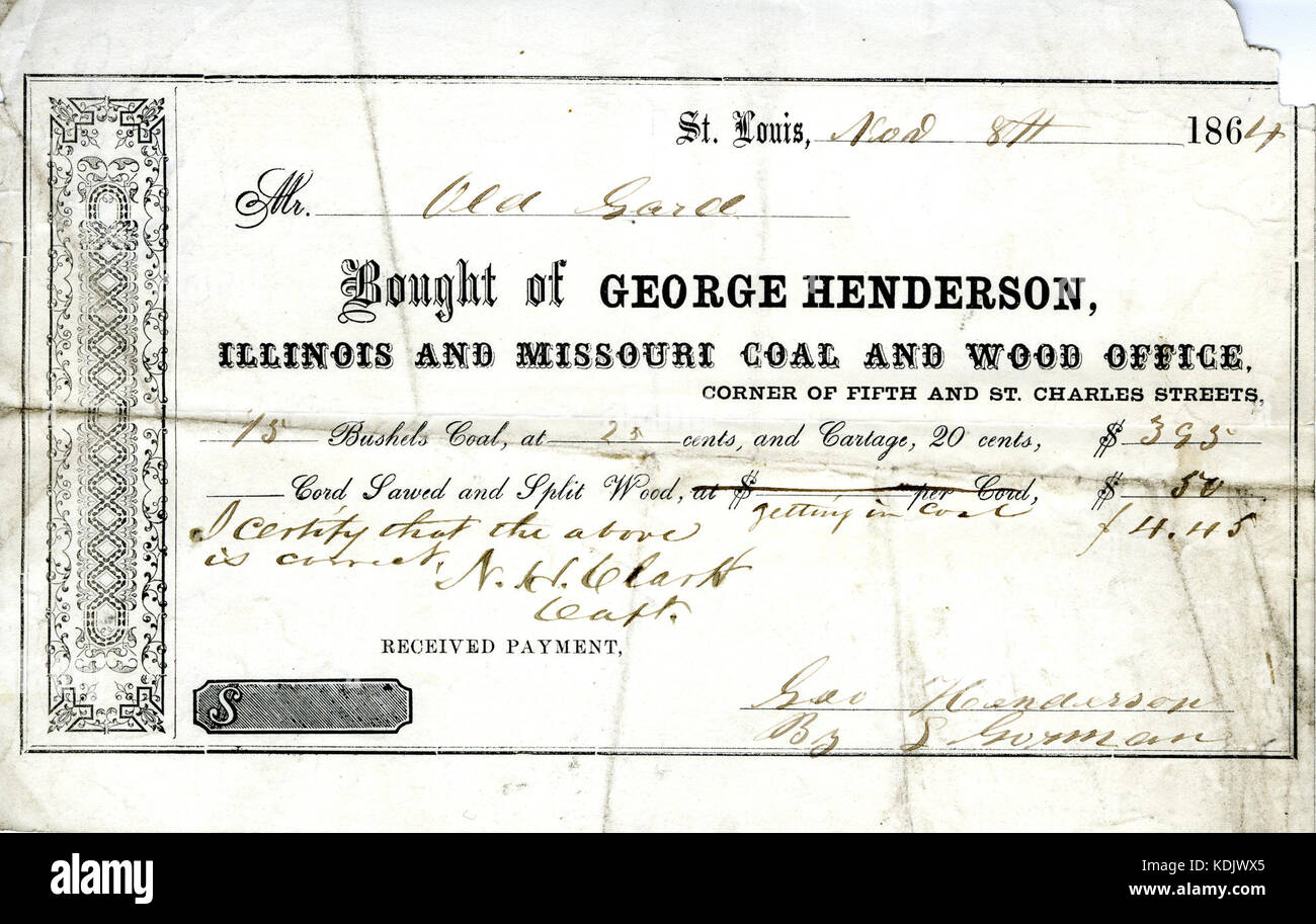 Ricevuta di pagamento di $4.45 ricevuto da S. Gorman per George Henderson dalla vecchia guardia (St. Louis, Missouri), 8 novembre 1864 Foto Stock