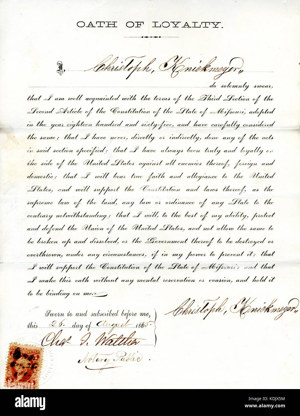 Giuramento di fedeltà di Christoph Knickmeyer del Missouri, nella contea di San Luigi Foto Stock