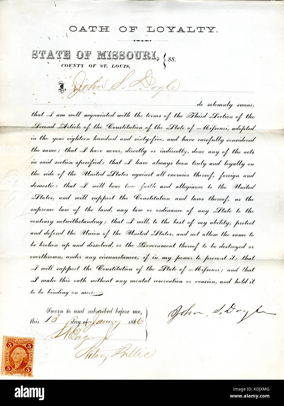 Giuramento di fedeltà di Giovanni S. Doyle del Missouri, nella contea di San Luigi Foto Stock