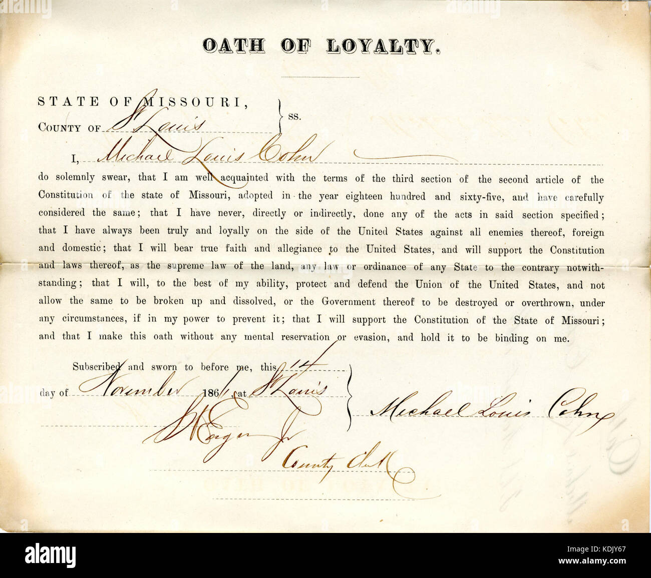 Il giuramento di fedeltà di Michael Louis Cohn, un residente della contea di St. Louis, Missouri, riflette la pratica storica di affermare la lealtà agli Stati Uniti, spesso richiesta durante i periodi di conflitto o di disordini politici. Foto Stock