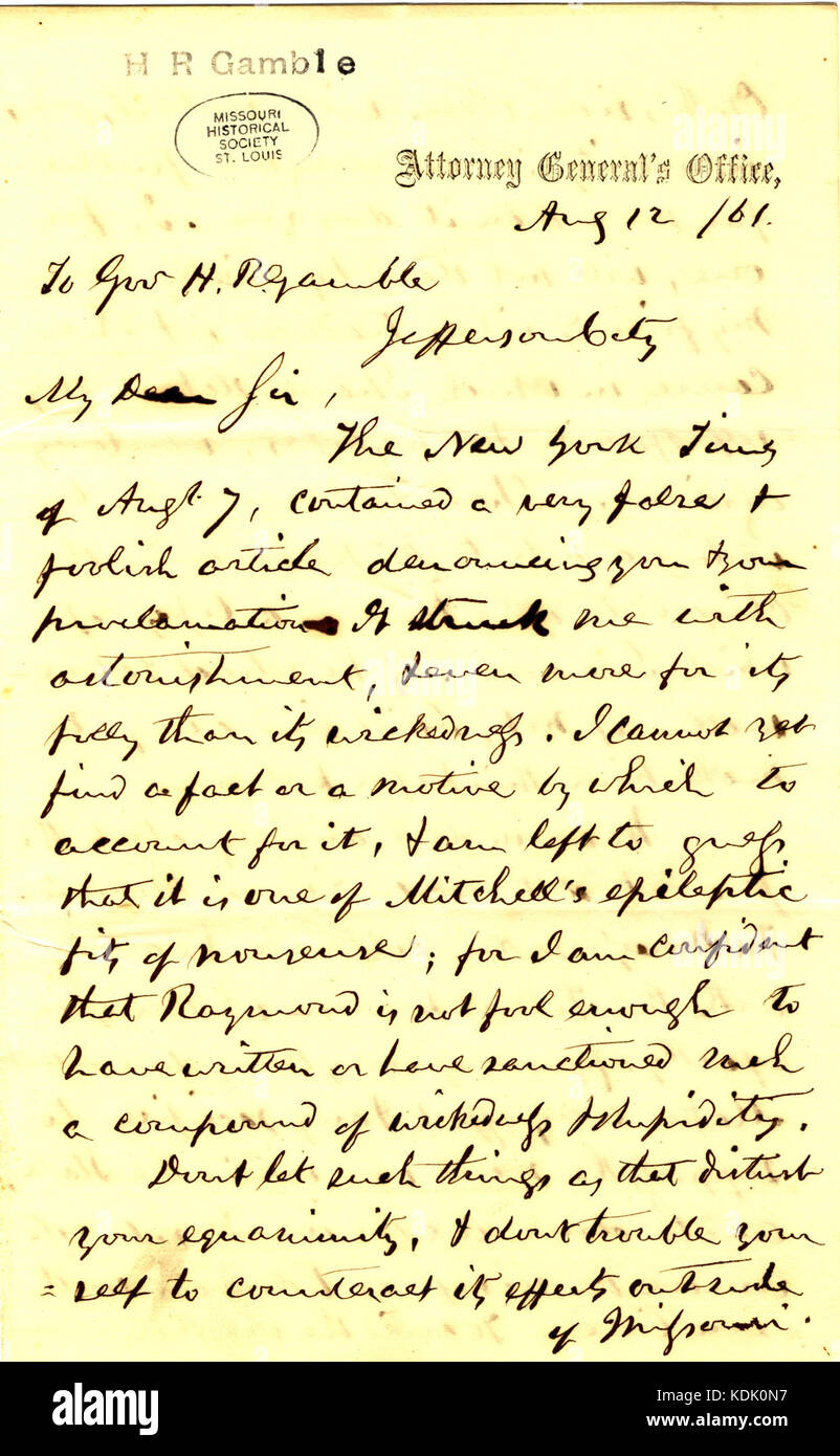 Lettera firmata EDW. Bates (Edward Bates), la Procura Generale, Gov. L'H.R. Il gioco d'azzardo, Jefferson City, 12 agosto 1861 Foto Stock