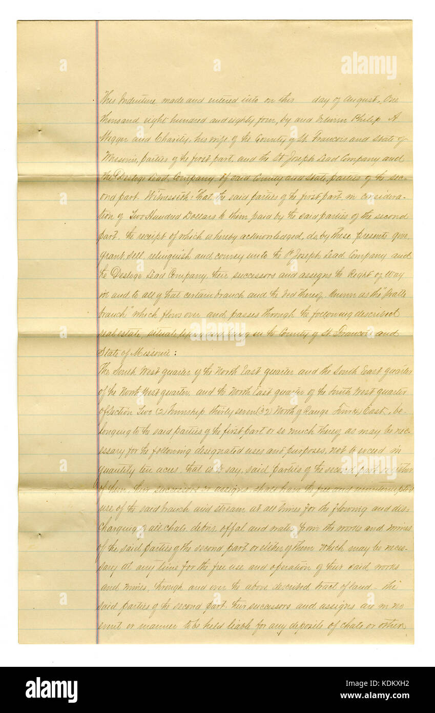 Questo documento descrive in dettaglio il trasferimento proposto di terreni da Phillip A. Wigger and Charity Wigger alla St. Joseph Lead Company and Desloge Lead Company, datato agosto 1884, relativo ai diritti minerari nella regione. Foto Stock