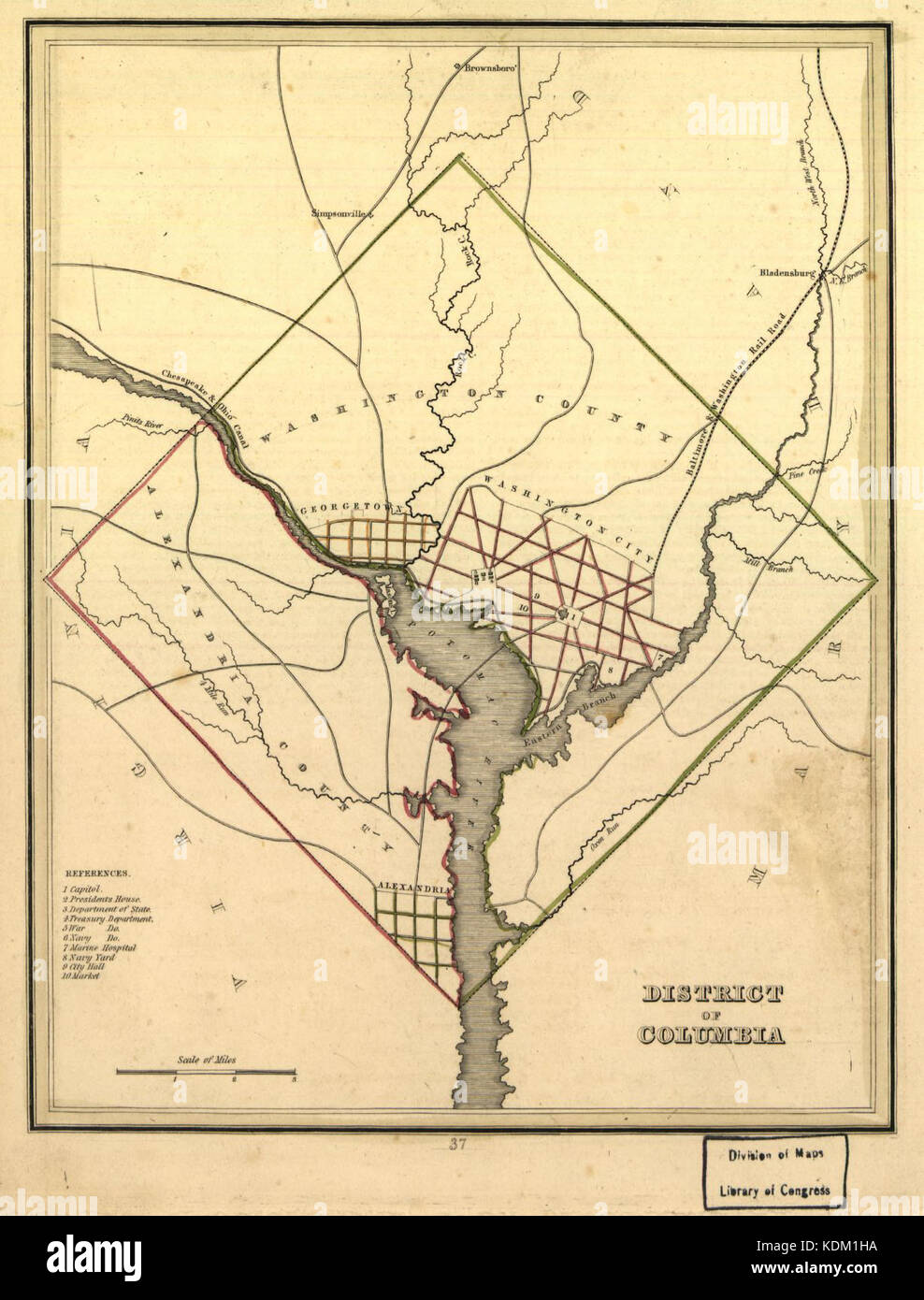 Mappa di Washington e di Alessandria County in 1835 Foto Stock