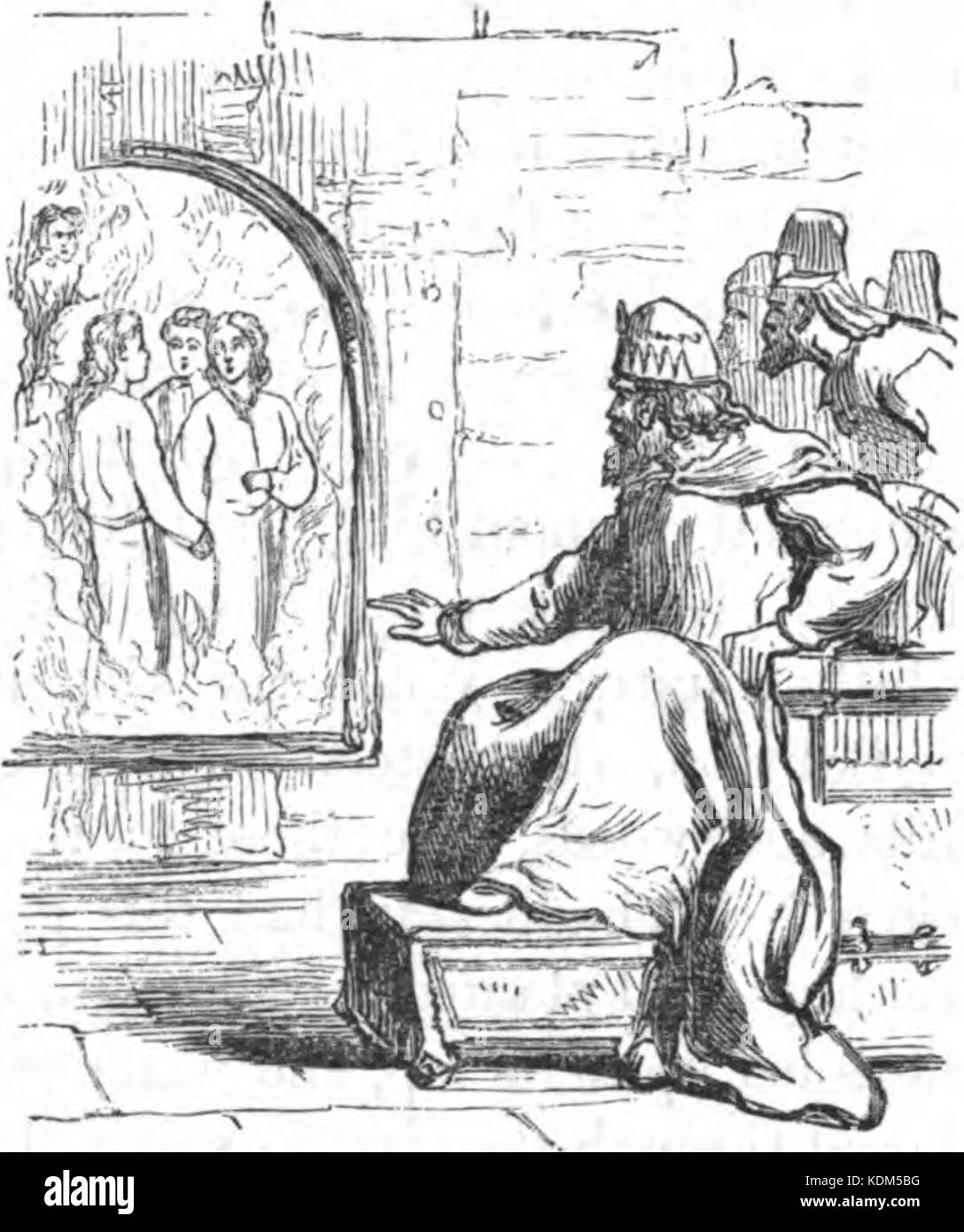 Questa immagine raffigura la storia biblica di Shadrach, Meshach e Abednego, che furono gettati in una fornace ardente per essersi rifiutati di adorare un idolo. La loro miracolosa sopravvivenza è un momento chiave nel Libro di Daniele. Foto Stock