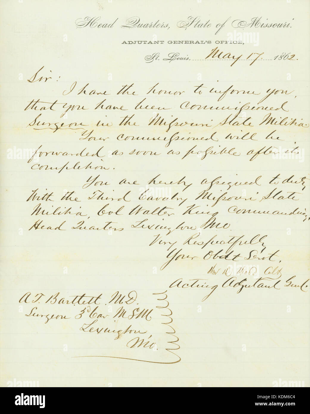 Lettera di Wm. D. Legno, deliberando aiutante generale, capo quarti, Stato del Missouri, Aiutante Generale dell'Ufficio, St. Louis, di A.T. Bartlett, M.D., chirurgo 3d. Il Cav. M.S.M., Lexington, Mo., 17 maggio 1862 Foto Stock