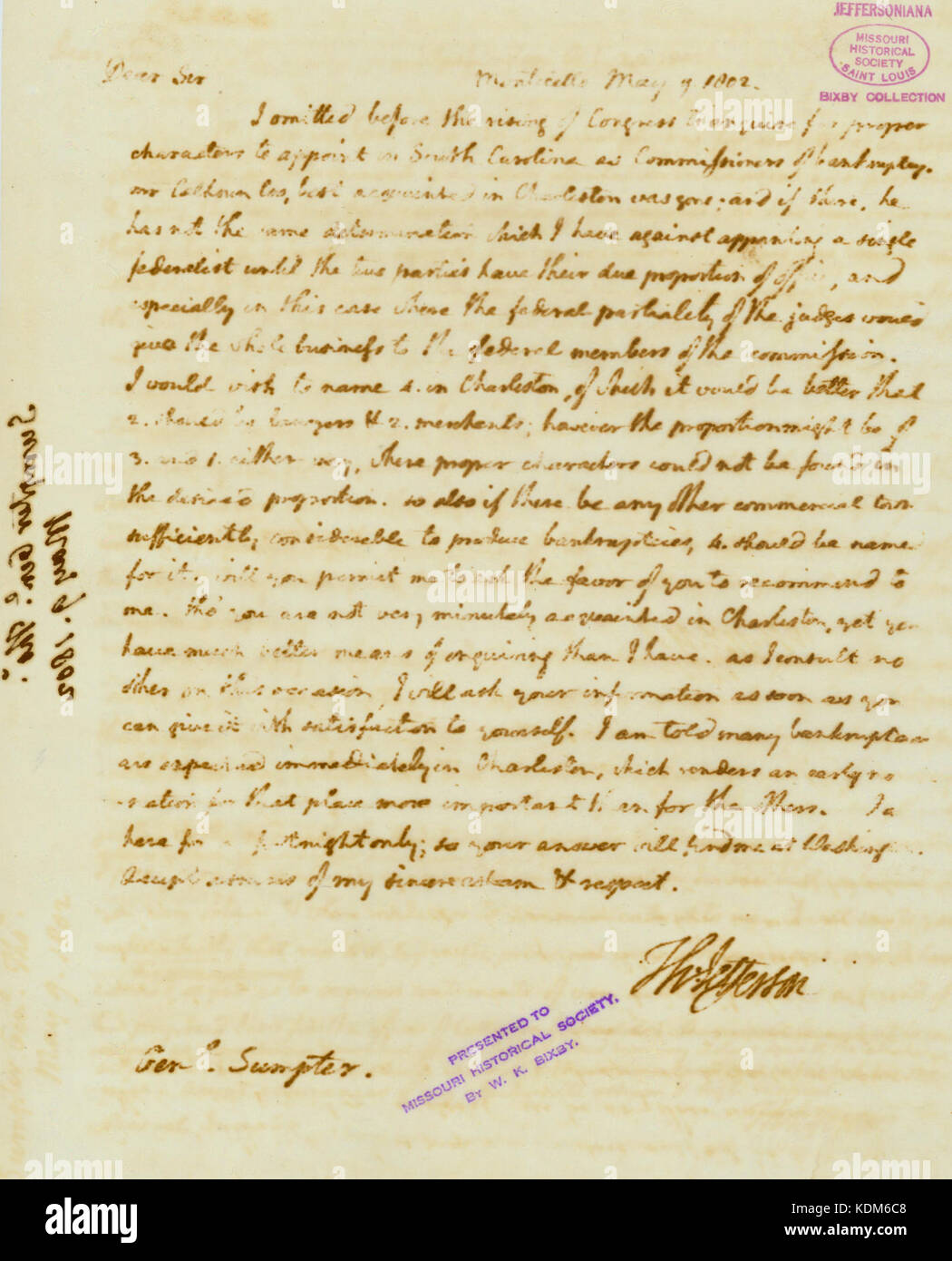 Lettera da Thomas Jefferson a gen. Thomas Sumpter, 9 maggio 1802 Foto Stock