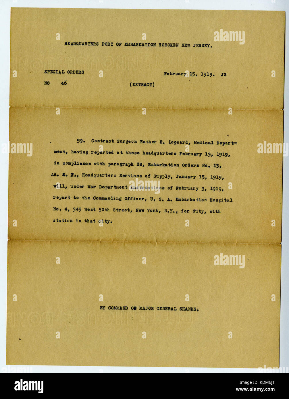 Ordini speciali n. 46, estrarre copia 1, sede porto di imbarco, Hoboken, New Jersey, 15 Febbraio 1919 Foto Stock