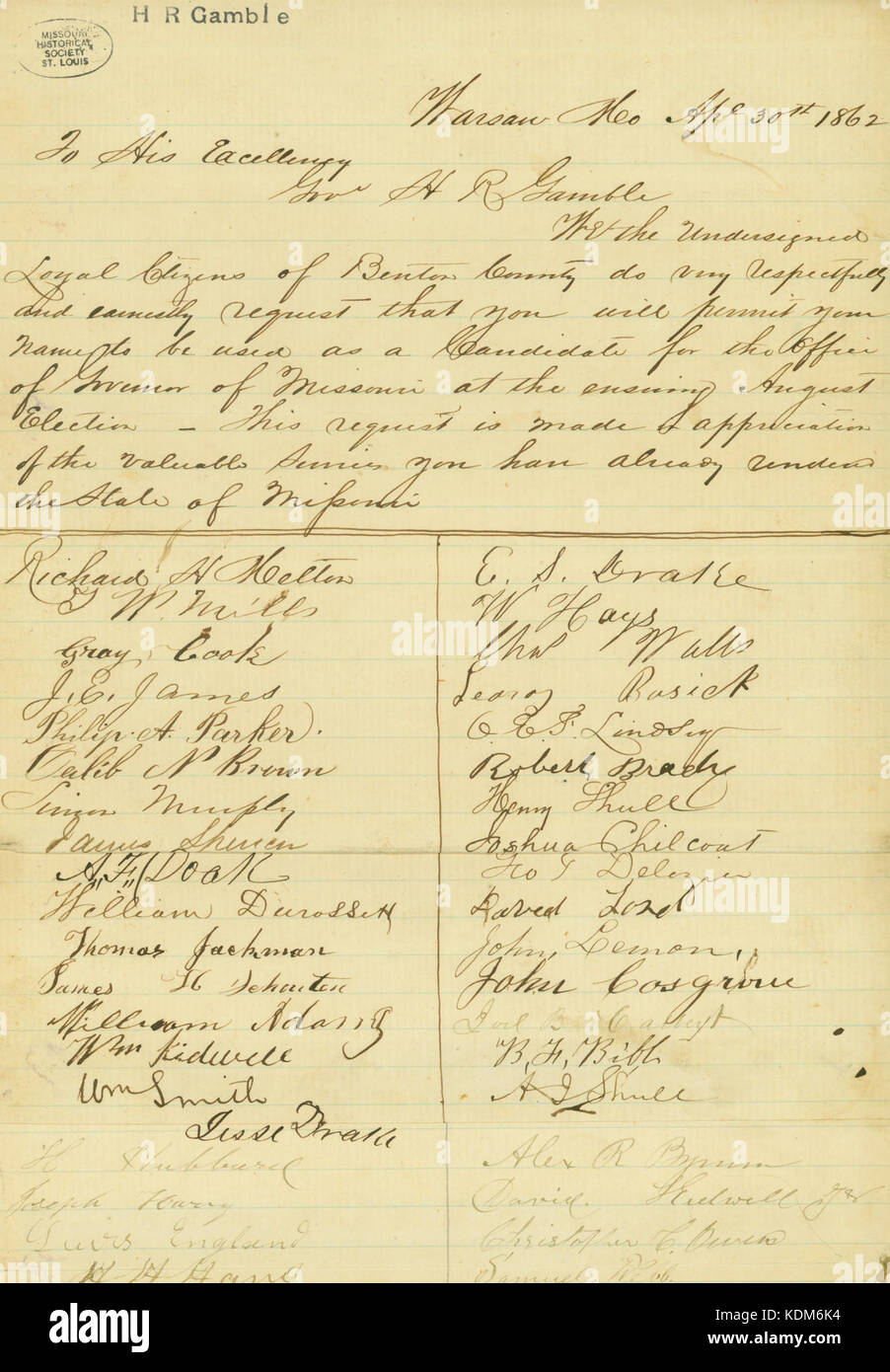 Petizione dei cittadini di Benton County, Missouri, a Sua Eccellenza il signor Gov. L'H.R. Il gioco d'azzardo, 30 aprile 1862 Foto Stock