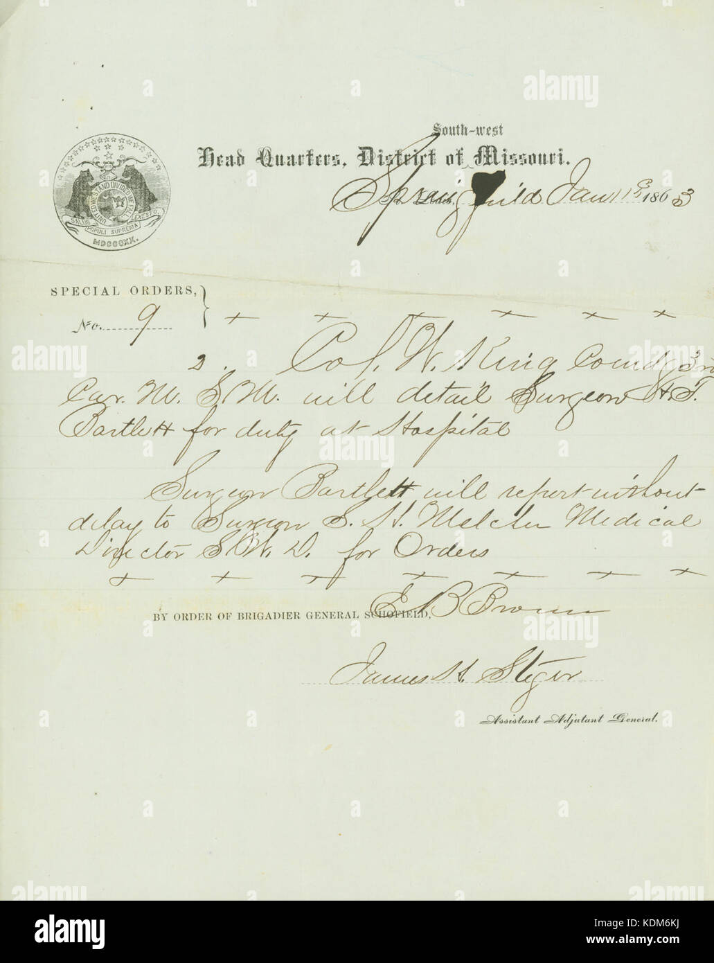 Ordini speciali, n. 9, capo quarti, quartiere di South West Missouri, Springfield, firmato James H. Stiger, Vice aiutante generale, 19 Gennaio 1863 Foto Stock