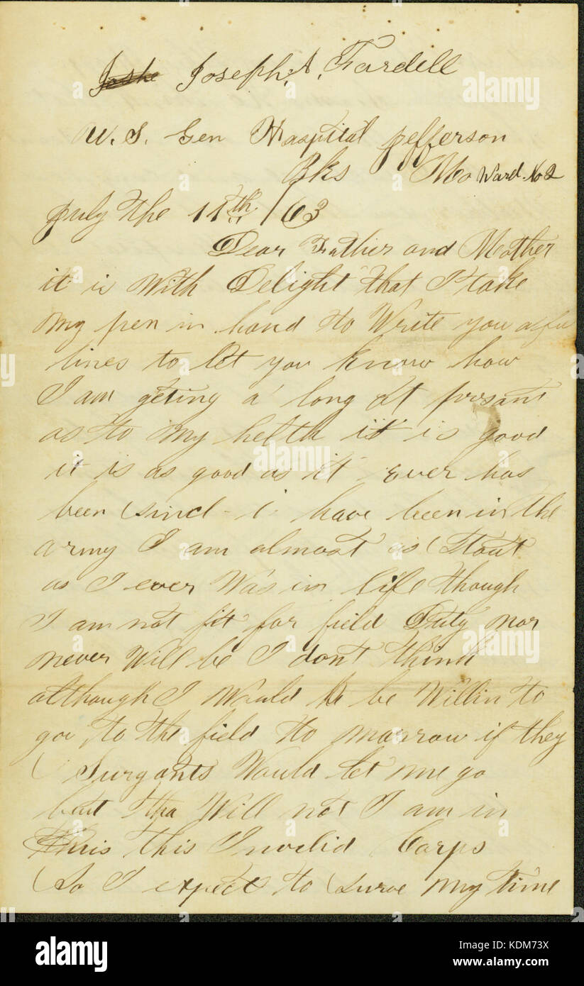 Lettera firmata Joseph A. Fardell, U.S. Gen. Ospedale, Reparto n. 2, Jefferson caserma, Missouri, al padre e alla madre, luglio 11, 1863 Foto Stock