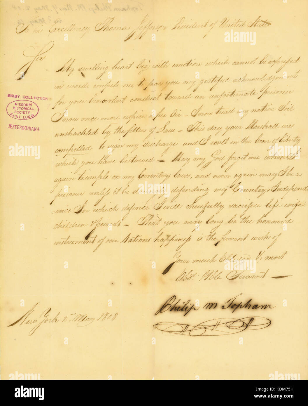 Lettera firmata Phillip M. Topham, New York, di Thomas Jefferson, 2 maggio 1808 Foto Stock
