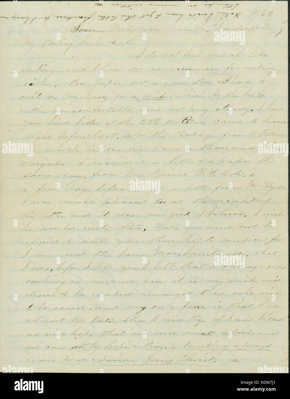 Lettera firmata Fisk (Abia Fisk Gore), a sette miglia da Corinto, accampati, a sua sorella, Katie, 9 maggio 1862 Foto Stock