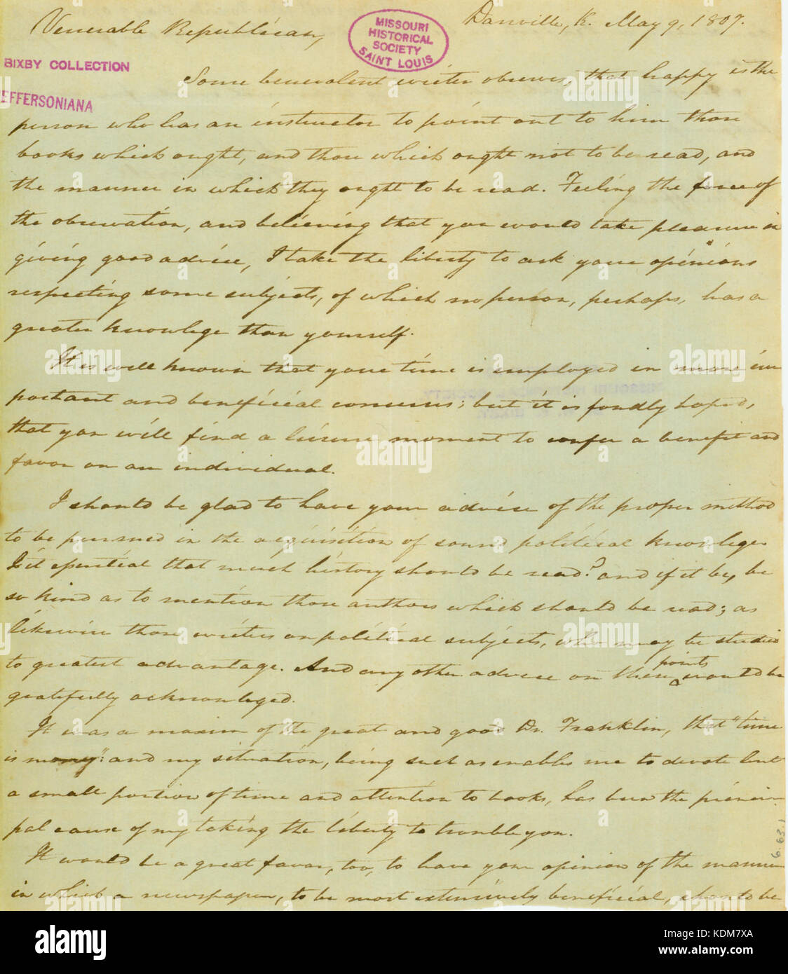 Lettera firmata John Norvell, Danville, Kentucky, di Thomas Jefferson, 9 maggio 1807 Foto Stock
