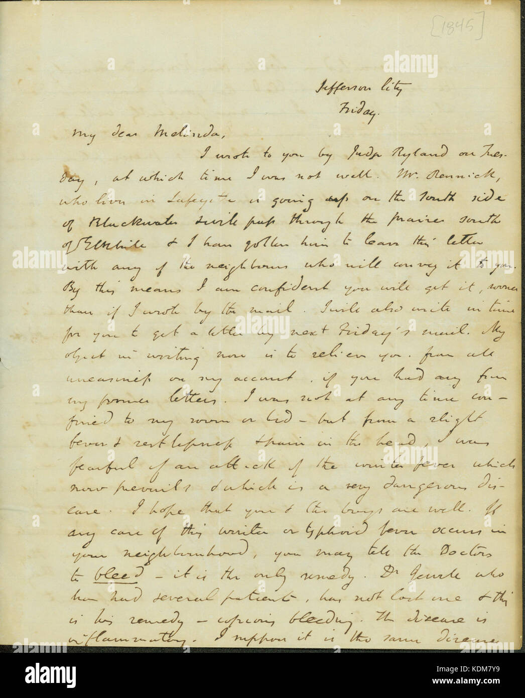 Lettera da William B. Napton, Jefferson City, Missouri, a sua moglie Melinda, soluzione salina County, Missouri, 1845 Foto Stock
