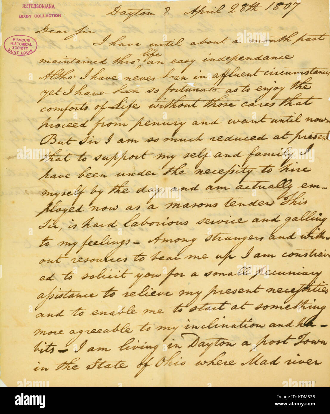 Lettera firmata Giovanni Owings, Dayton, di Thomas Jefferson, 28 aprile 1807 Foto Stock