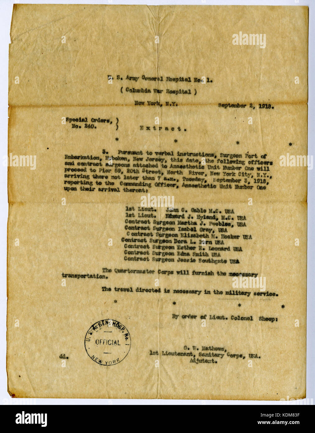 Ordini speciali n. 240, estratto, U.S. Esercito Ospedale generale n. 1, (Columbia ospedale di guerra), New York, N.Y., 2 settembre 1918 Foto Stock