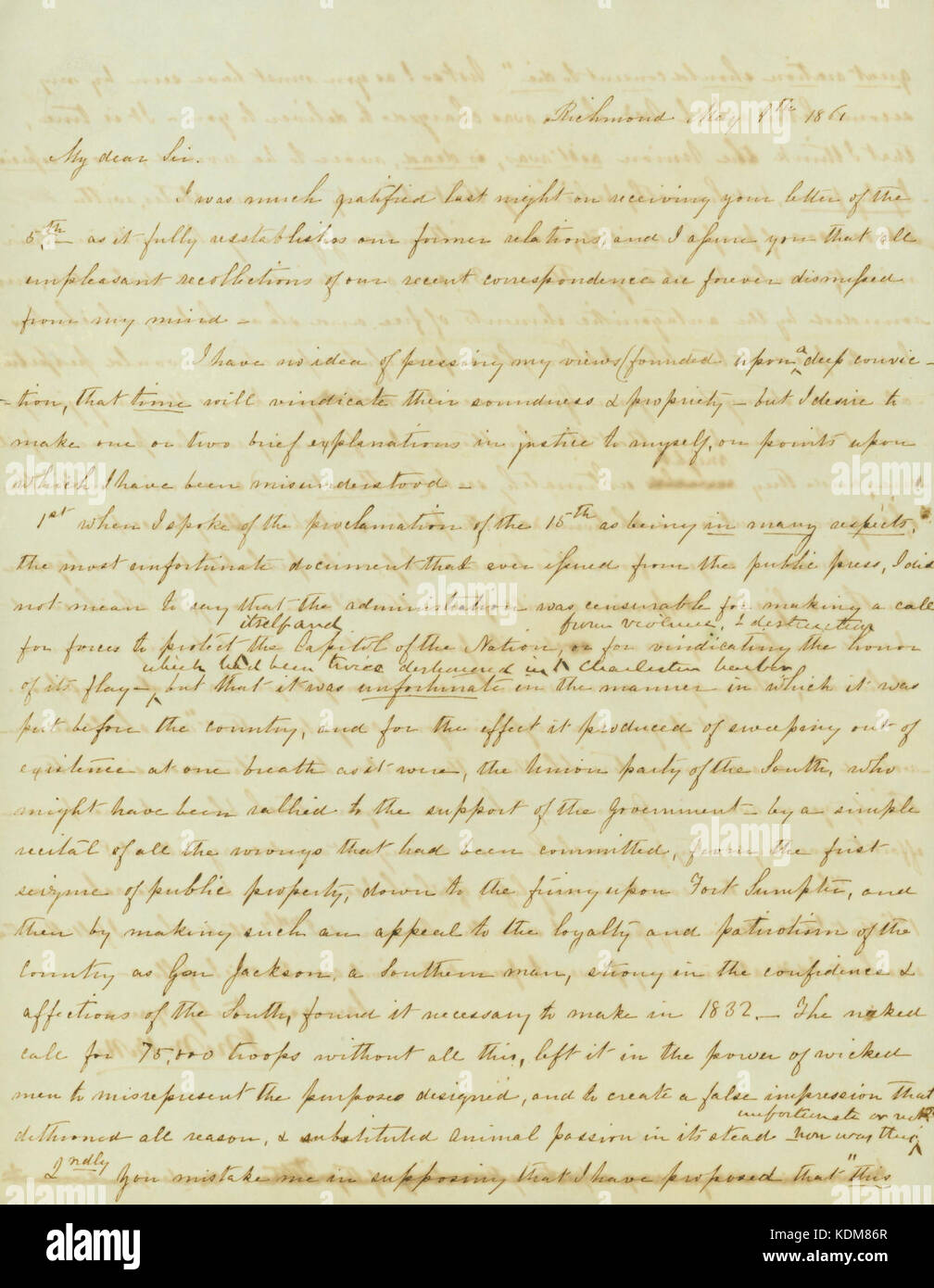 Lettera firmata Jno. M. Botts (John M. Botts), Richmond, a (Edward Bates), 9 maggio 1861 Foto Stock