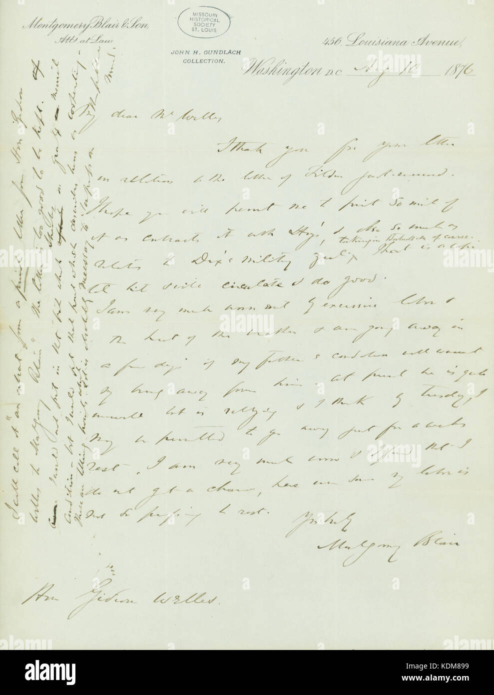 Lettera firmata Montgomery Blair, Washington, a Gedeone Welles, 10 agosto 1876 Foto Stock