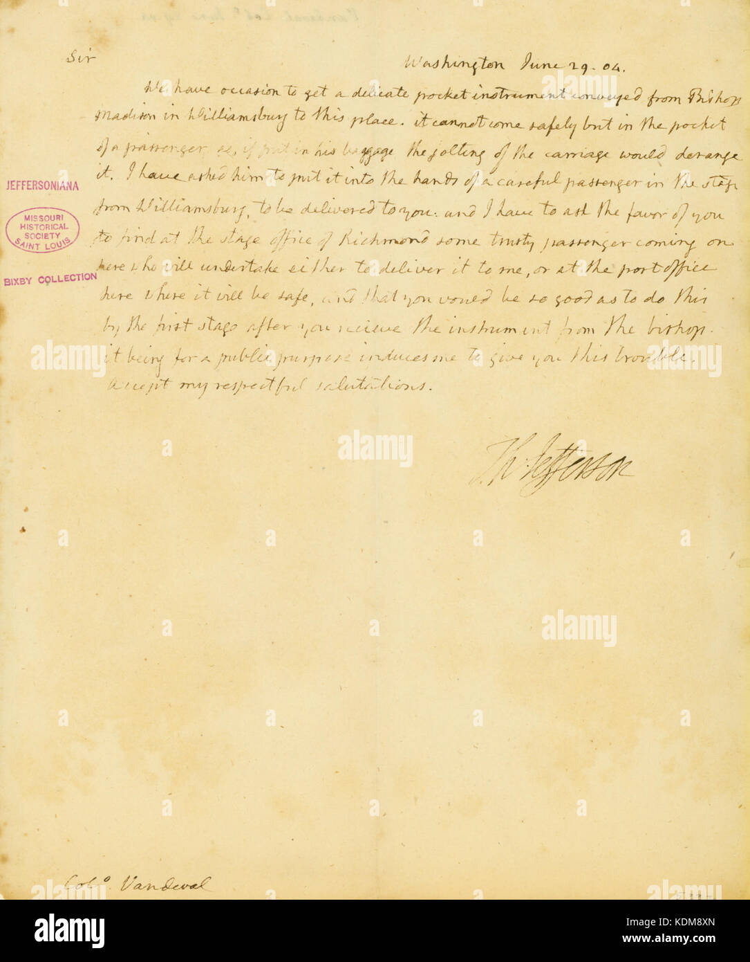 Lettera firmata Thomas Jefferson, Washington, al Col. Vandeval, 29 giugno 1804 Foto Stock