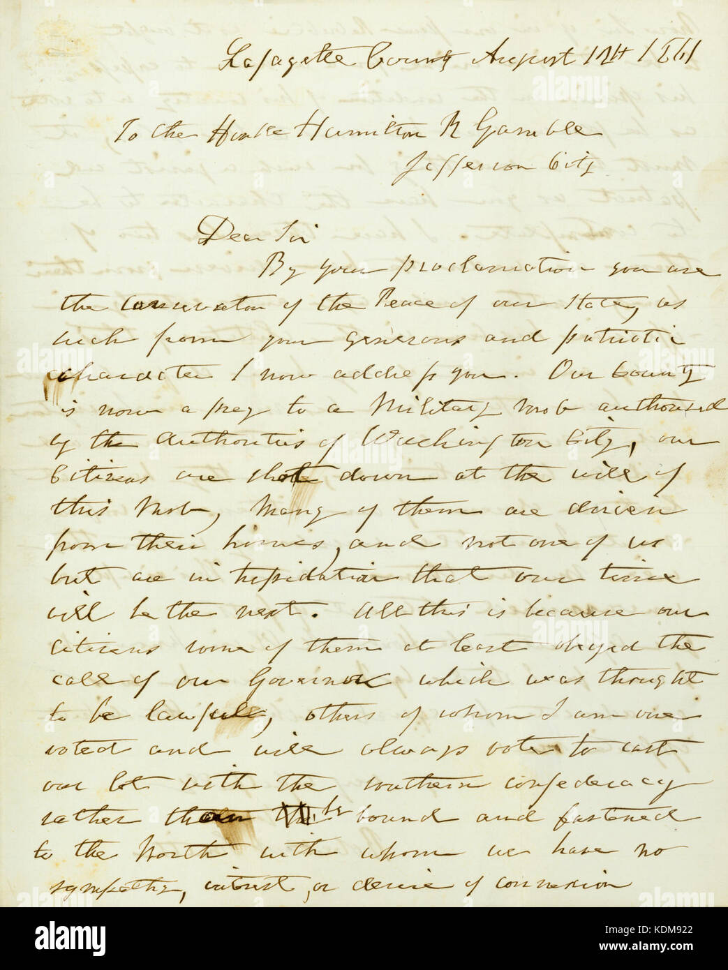 Lettera firmata Robert N. Smith, Lafayette County, all'Honble. Hamiton R. Gamble, Jefferson City, 12 agosto 1861 Foto Stock