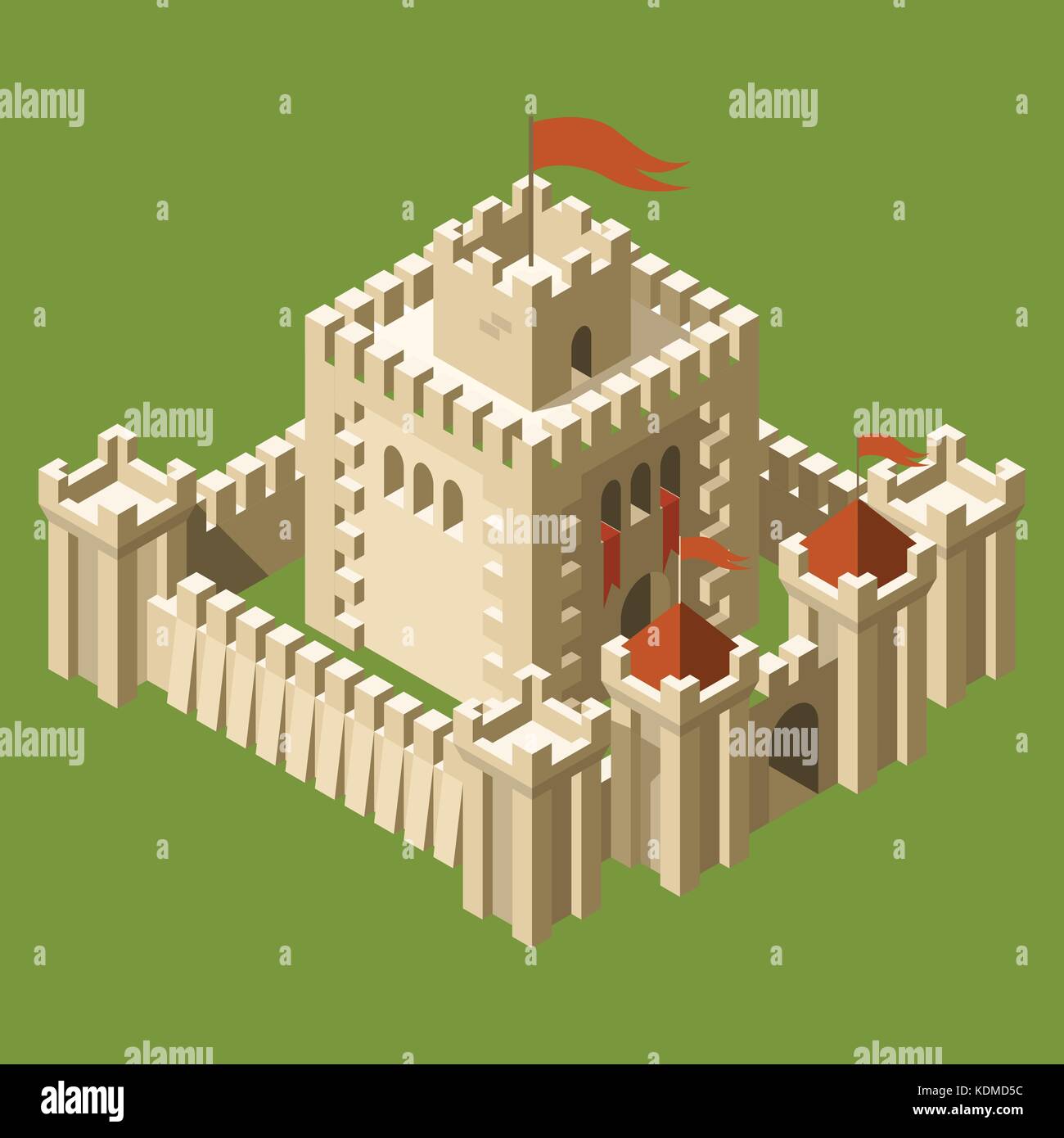 Isometrica, castello medievale con le mura fortificate e torri Illustrazione Vettoriale