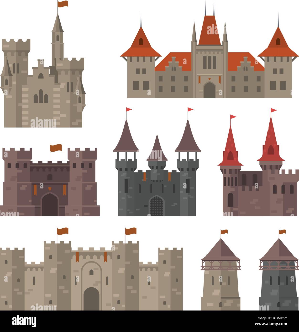 Castelli medievali, rocche e fortezze con mura fortificate e torri Illustrazione Vettoriale