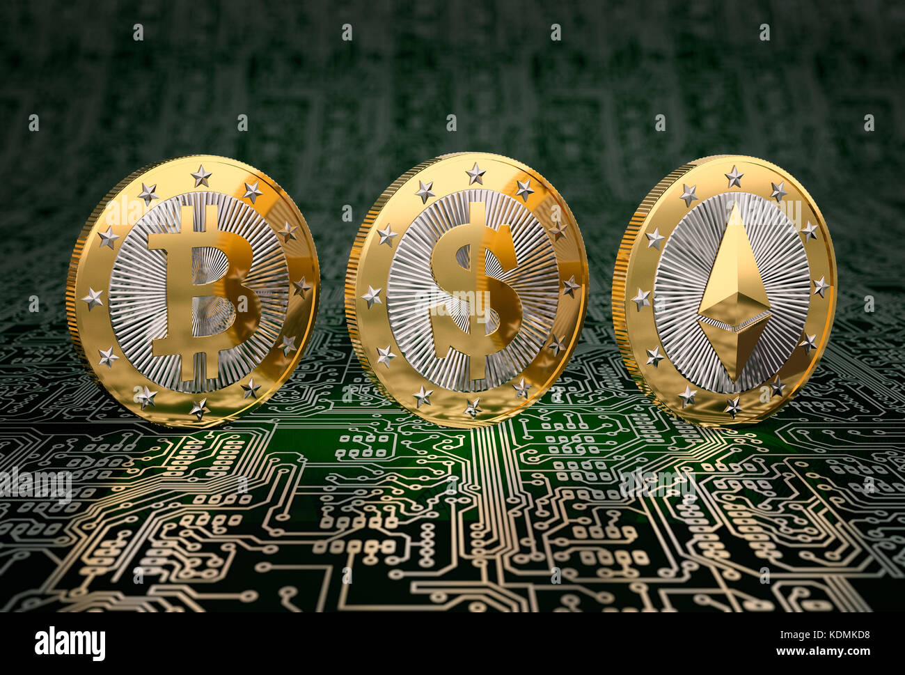 Tre monete d oro - Bitcoin, Dollaro e Ethereum - 3D Rendering Foto stock -  Alamy