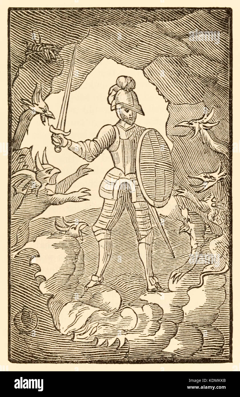 "Povero uomo! Dove sei adesso? Il tuo giorno è notte." Da "Il pellegrinaggio da questo mondo per ciò che è a venire" di John Bunyan (1628-1688). Cristiano entra nella valle dell'ombra di morte e viaggi nella bocca dell'Inferno. Vedere ulteriori informazioni qui di seguito. Foto Stock