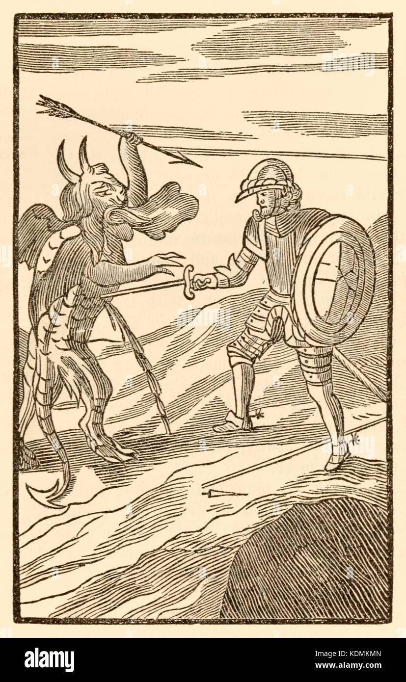 "Una maggiore disparità di confronto possono essere difficilmente: cristiano deve combattere un angelo" da 'Pellegrino la progressi da questo mondo per ciò che è a venire" di John Bunyan (1628-1688). Cristiana Apollyon combatte nella valle di umiliazione. Vedere ulteriori informazioni qui di seguito. Foto Stock