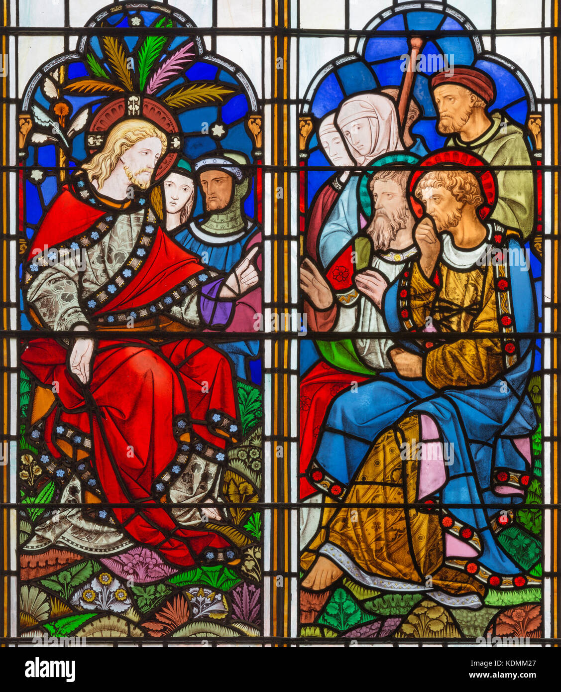 Londra, Gran Bretagna - 14 settembre 2017: l insegnamento di Gesù sul vetro macchiato nella chiesa di st. Michael cornhill di Clayton e campana. Foto Stock