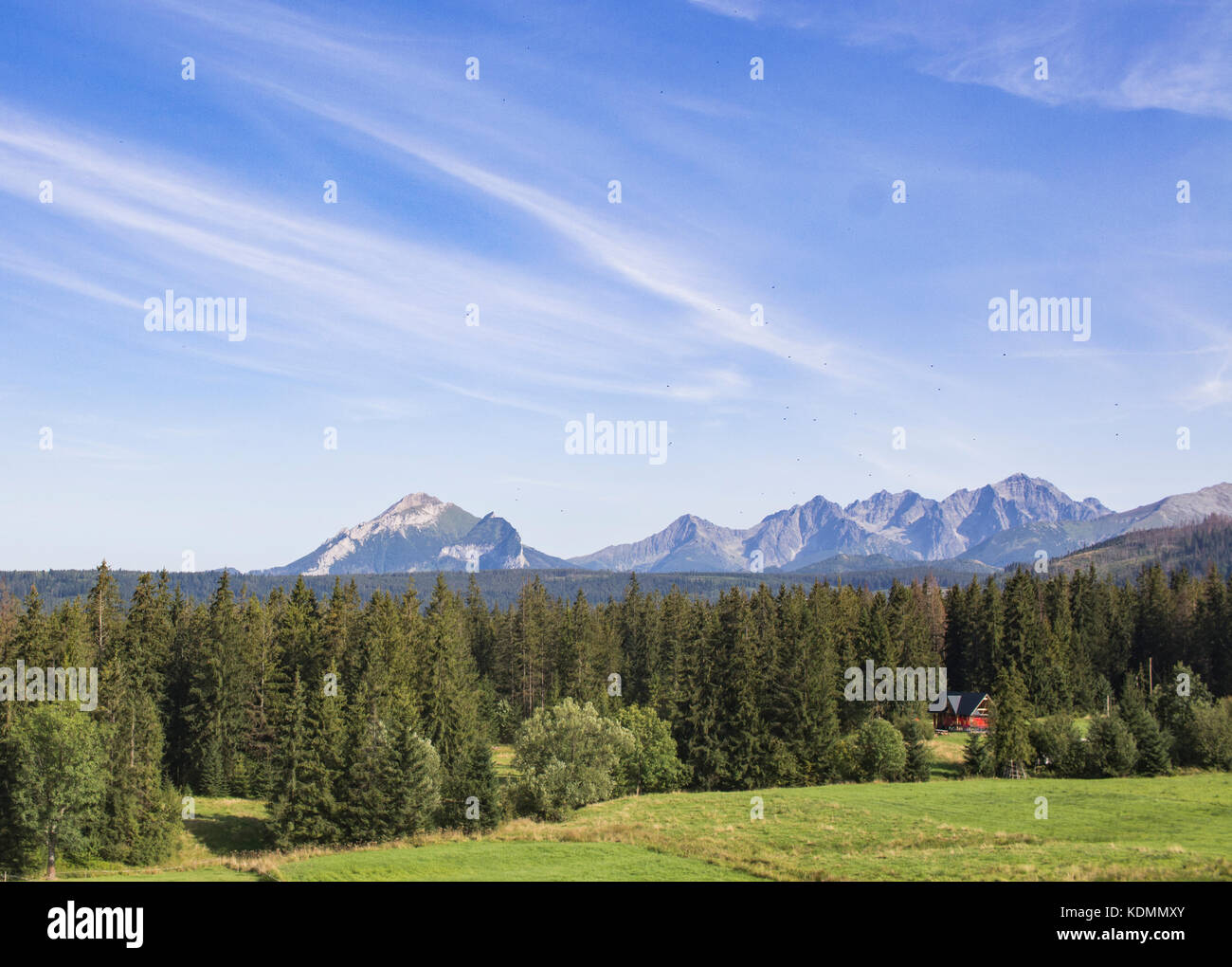 Casa rossa in un bosco con i monti Tatra in background sul confine tra Slovacchia e Polonia Foto Stock