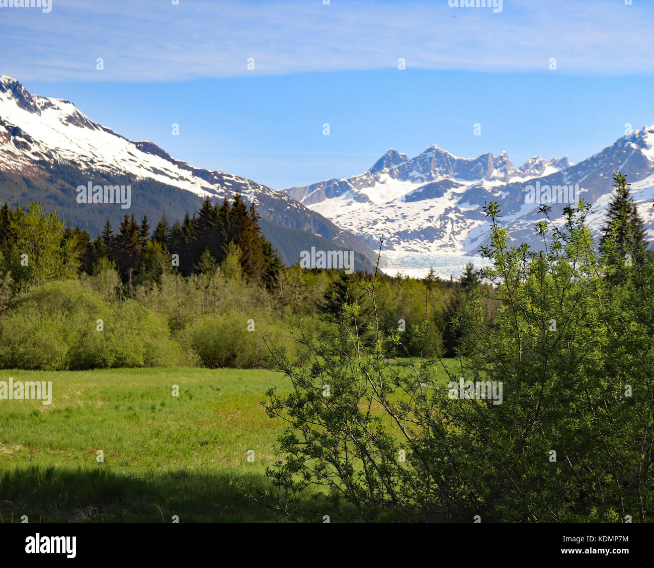 Il Mendenhall Glacier è circondato da grandi montagne innevate dell'tongass national forest Foto Stock