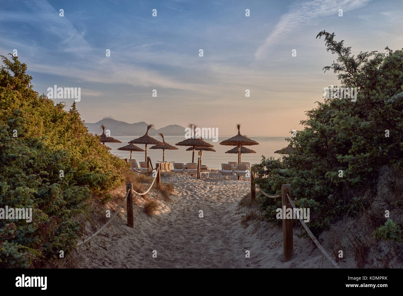 Tramonto tropicale o sunrise su una spiaggia del resort che illumina il cielo al di sopra di un oceano tranquillo con una vista giù per un sentiero di ombrelloni e di sedie reclinabili sulla SAN Foto Stock