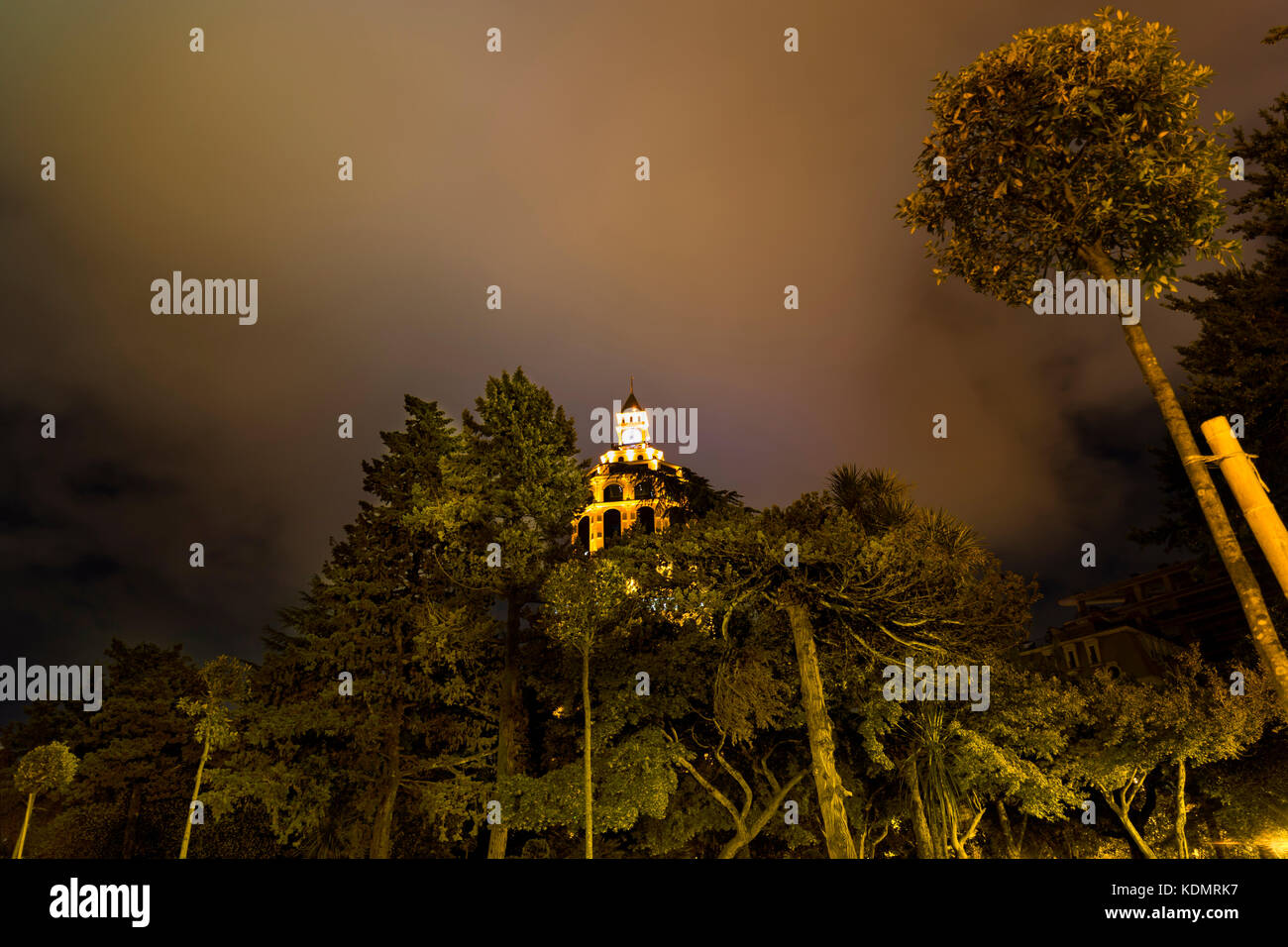 Una cattedrale circondata da alberi in un clima burrascoso Foto Stock