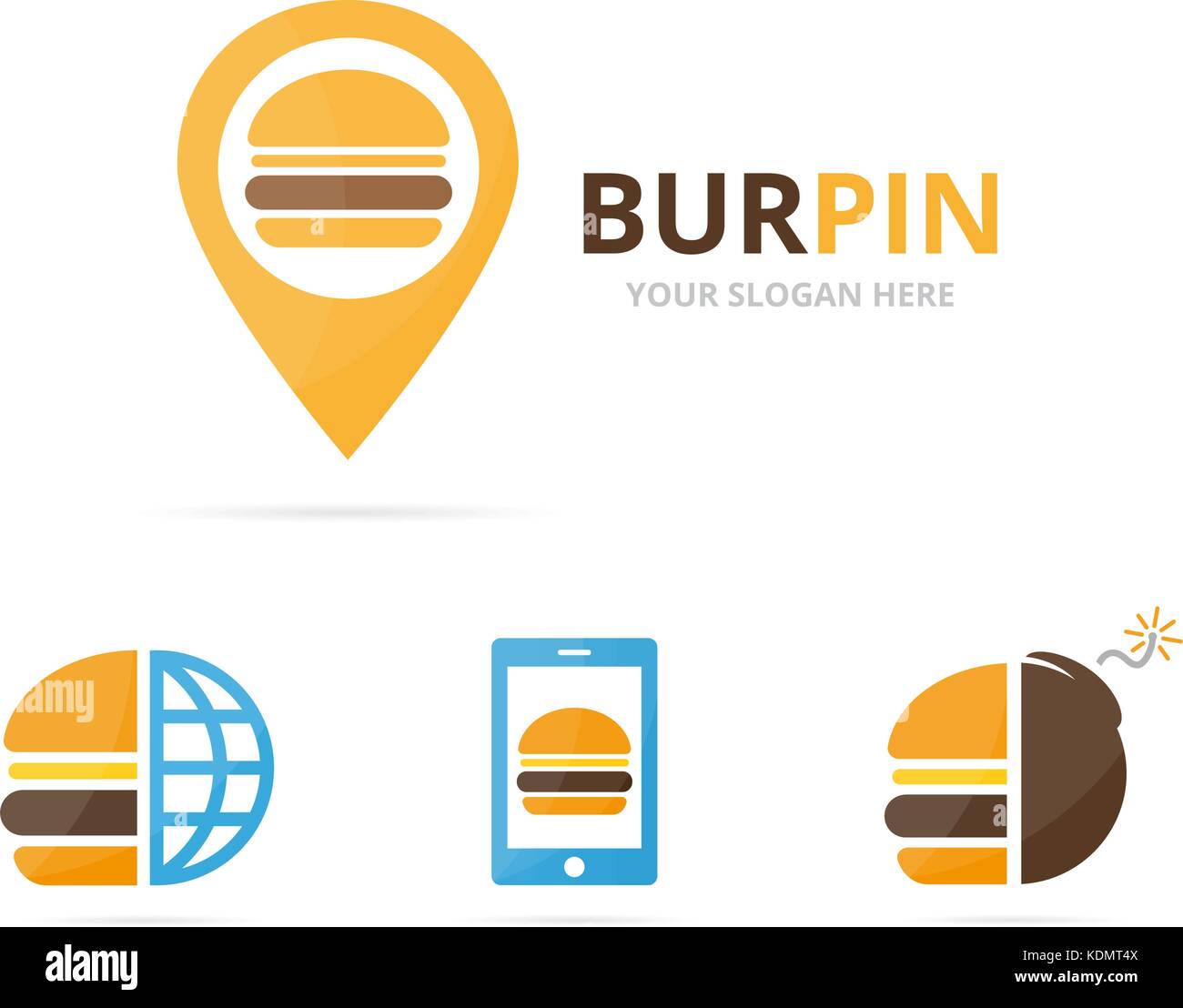 Set di hamburger di combinazione di logo. hamburger e localizzatore gps simbolo o icona. unici un fast food e il pin logotipo di modello di progettazione. Illustrazione Vettoriale
