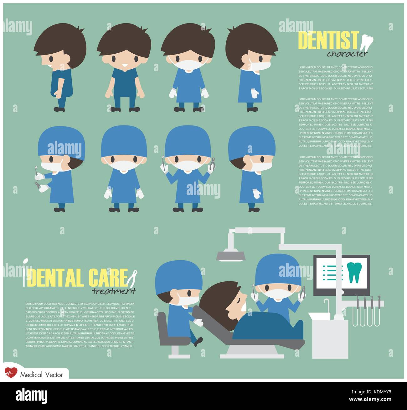 Dentista personaggio dei fumetti e cure dentarie unità in ospedale . vector . design piatto . Illustrazione Vettoriale