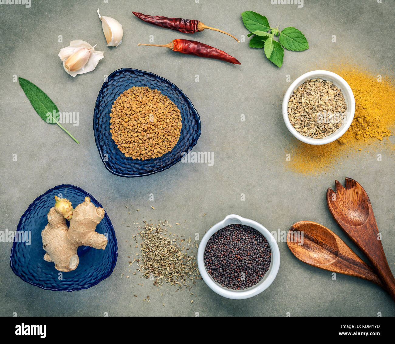 Varie erbe e spezie Zenzero,semi di finocchio,timo essiccato ,le foglie di salvia, aglio ,anice stellato ,curry in polvere ,il peperoncino e fieno greco setup sul pannello in calcestruzzo. f Foto Stock