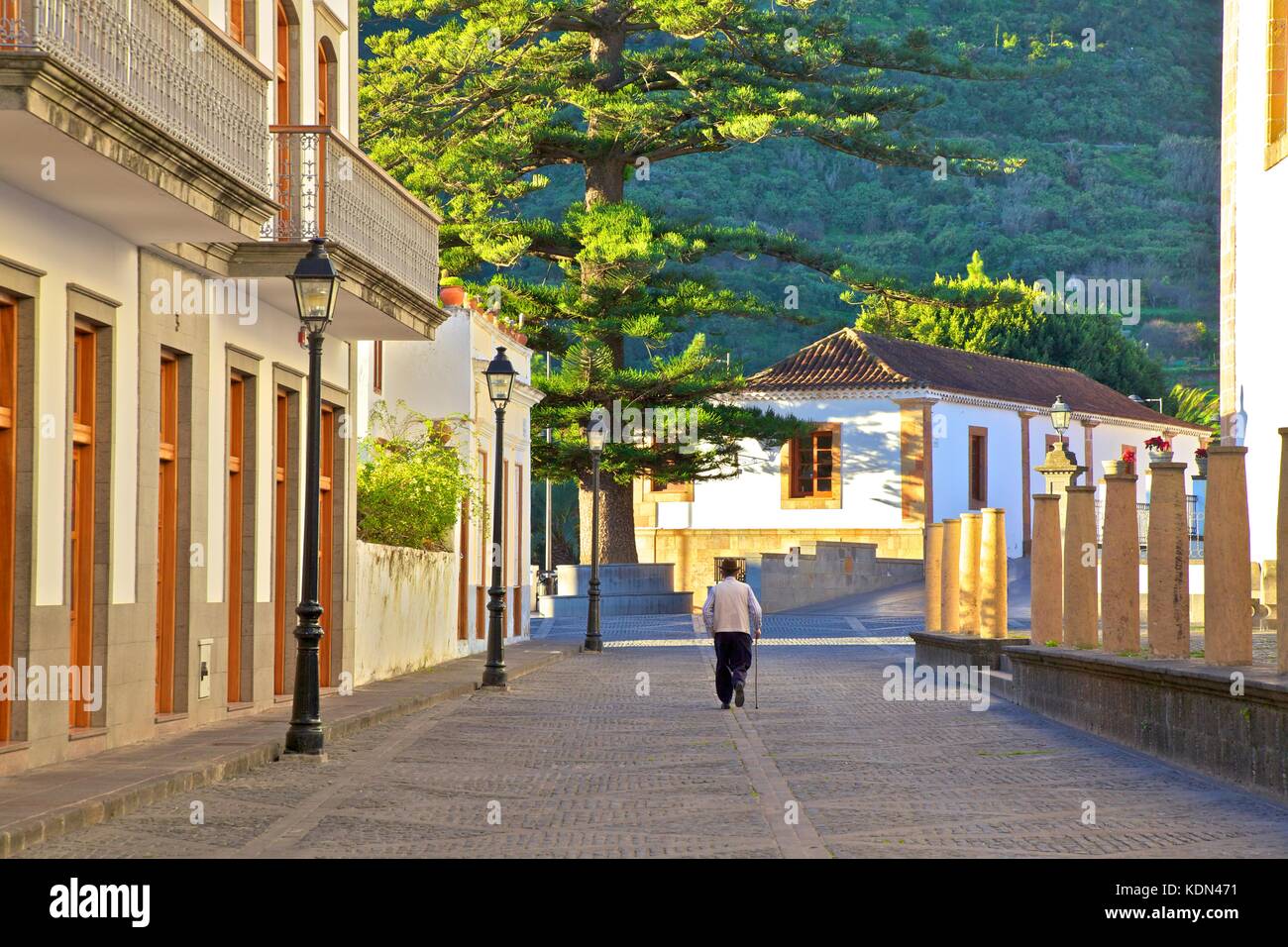 Le vecchie case con le tradizionali balconi scolpiti sulla Calle Real de la Plaza, il centro storico, Teror, Gran Canaria Isole Canarie Spagna, atlanti Foto Stock