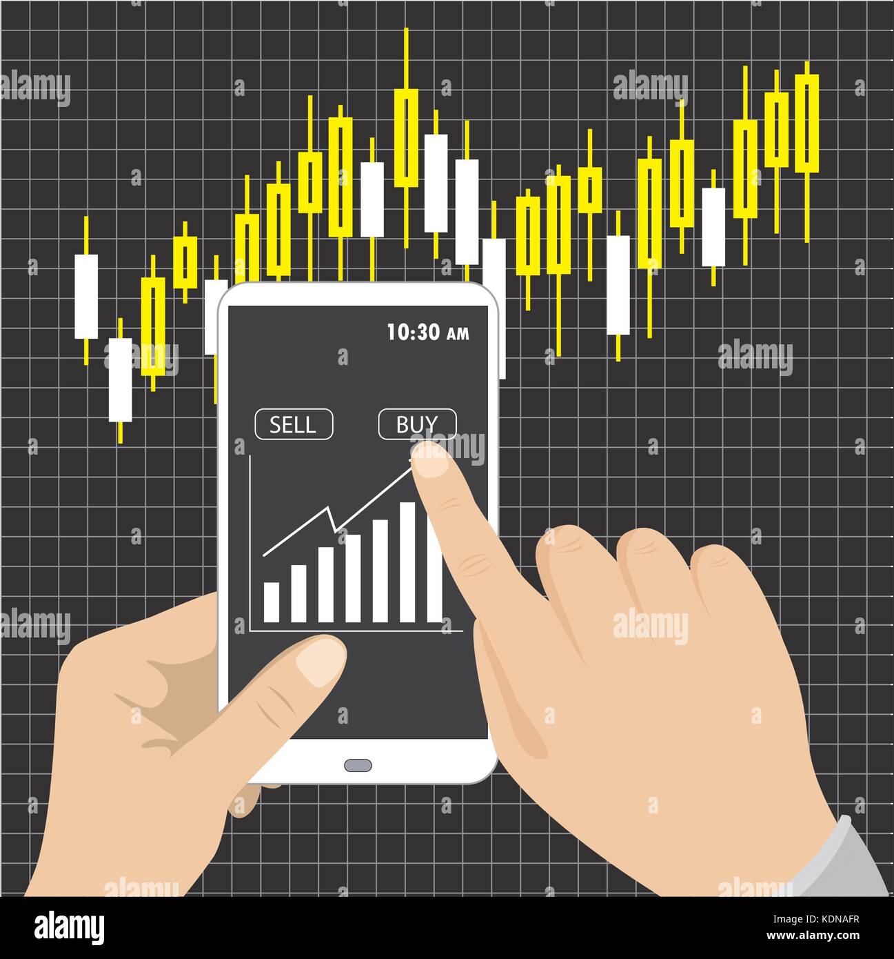 Una sola mano azienda smart phone e altre pressioni del pulsante per acquistare su schermo piatto Illustrazione Vettoriale