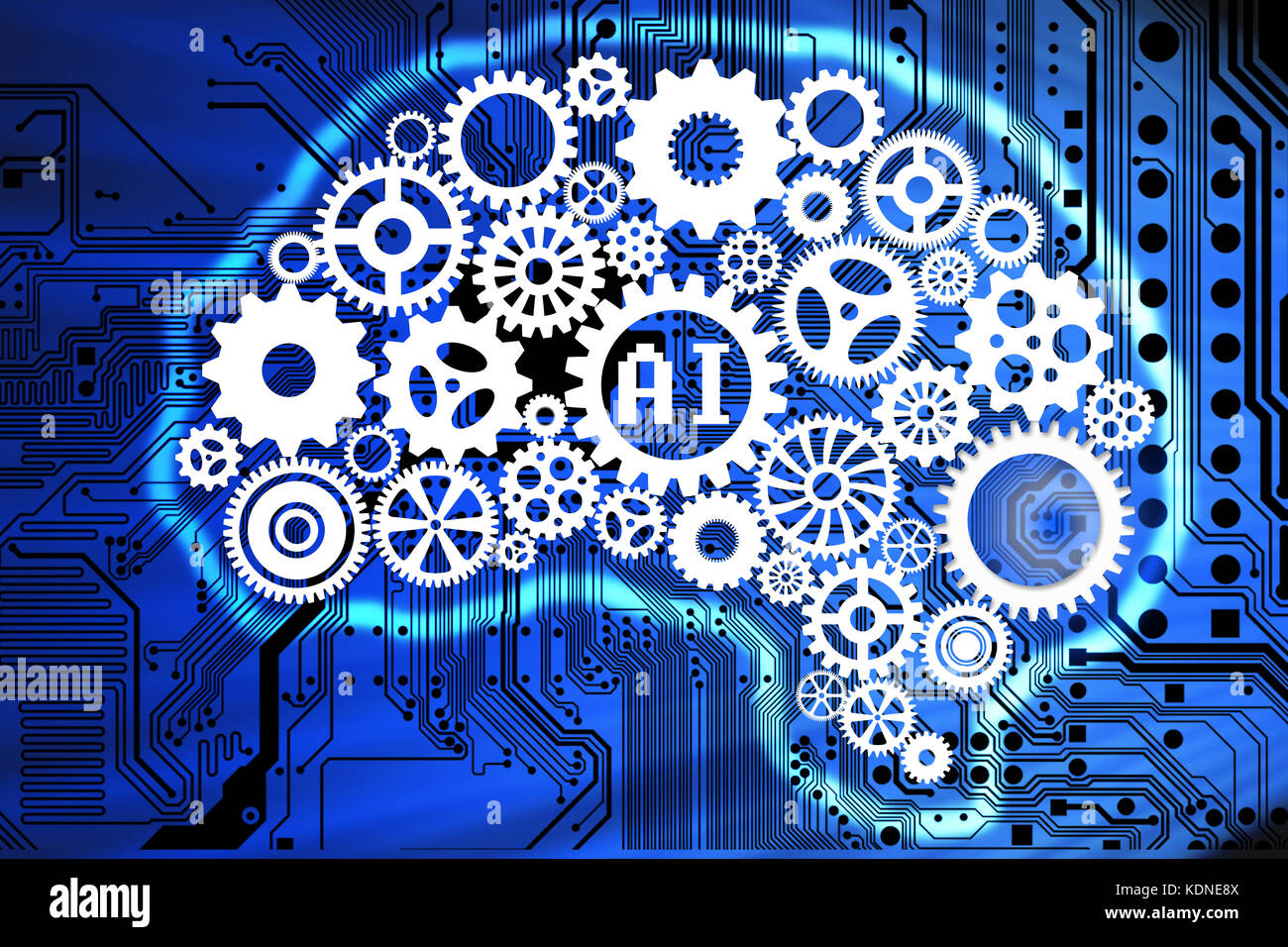 Intelligenza artificiale con il concetto di cervello umano forma da ingranaggi sul computer sullo sfondo della scheda madre Foto Stock