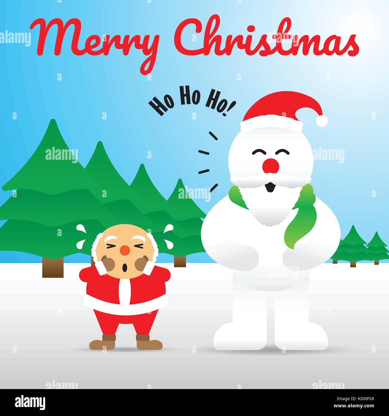 Buon Natale e felice chubby pupazzo di neve è agendo come santa claus indossando un Red Hat, grippaggio i baffi e barba sul suo volto sul terreno nevoso Illustrazione Vettoriale