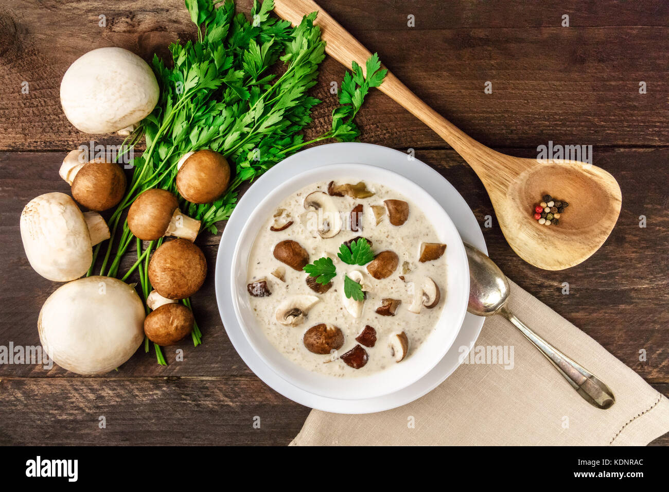 Piastra della zuppa di funghi champignon con, cremini, e prezzemolo Foto Stock