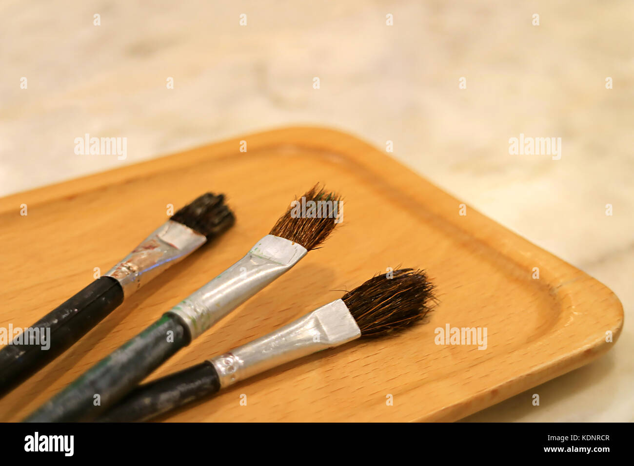 Pennelli per dipingere sul vassoio in legno su un tavolo pronto per la verniciatura Foto Stock