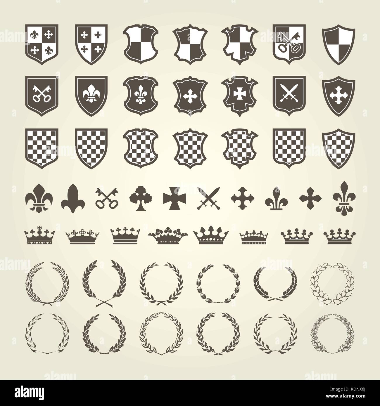 Kit di stemma per le protezioni del cavaliere e royal emblemi con corona di alloro Illustrazione Vettoriale